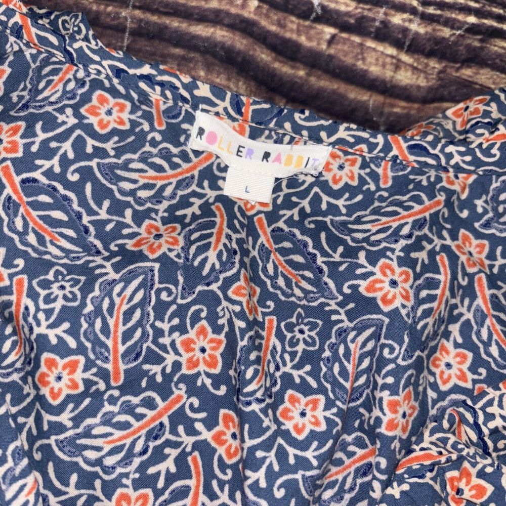 Roller Rabbit Navy Floral Blouse with Coral and White Print